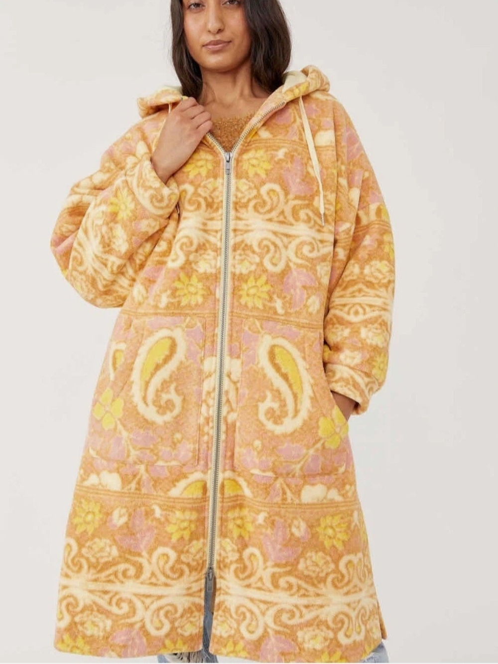 Free People Cozy Printed Blanket Coat L NWT Hooded Fleece Paisley Boho FP